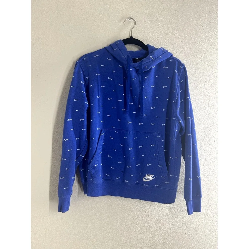 Nike Sportswear Hoodie Mens Blue All Over Swoosh Print AOP Pullover Size SMALL